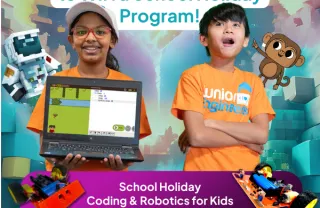girl on the left holding a laptop wearing a hat, boy on the right with an excited expression surrounded by characters and words. 