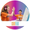 Codeflix badge two kids high fiving in front of colourful background 