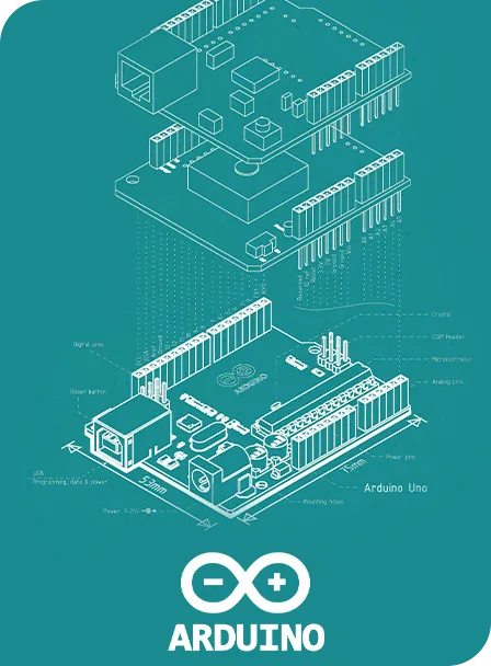 Arduino logo and product circuit board