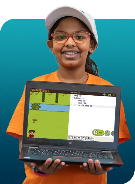 girl wearing white hat and glasses holding laptop with CodeMonkey game on the screen. Overlayed on a pink purple background