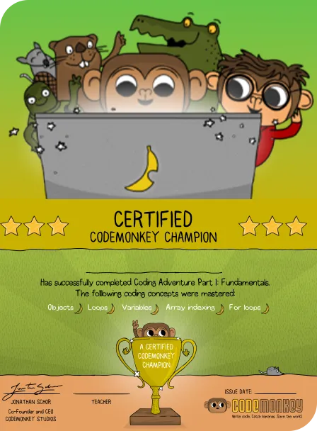 CodeMonkey monkeys sitting behind a laptop with a banana on it in front of a green background. Bottom image is a picture of a trophy for CodeMonkey achievements.