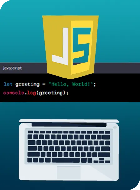 Javascript Logo coding text and half a laptop