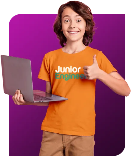 Young Junior Engineers boy holding laptop gives thumbs up