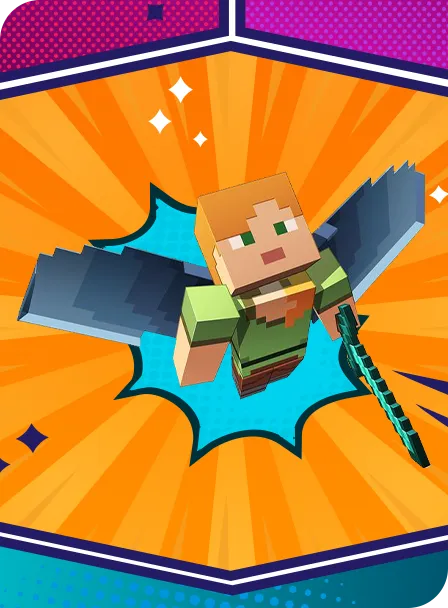 Minecraft character flying through the air on bright background orange blue purple pink