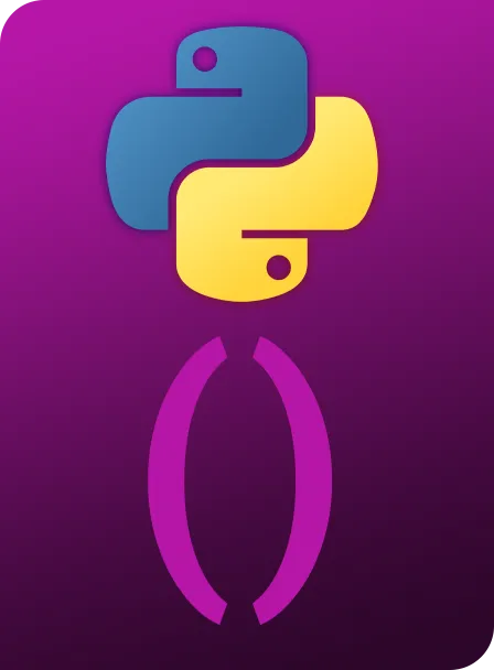 Yellow and blue python logo on purple background. Below open and closed brackets in pink. 