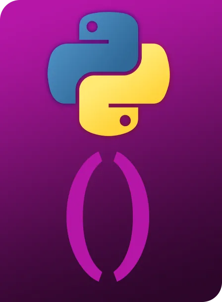 Yellow and blue python logo on purple background. Below open and closed brackets in pink.