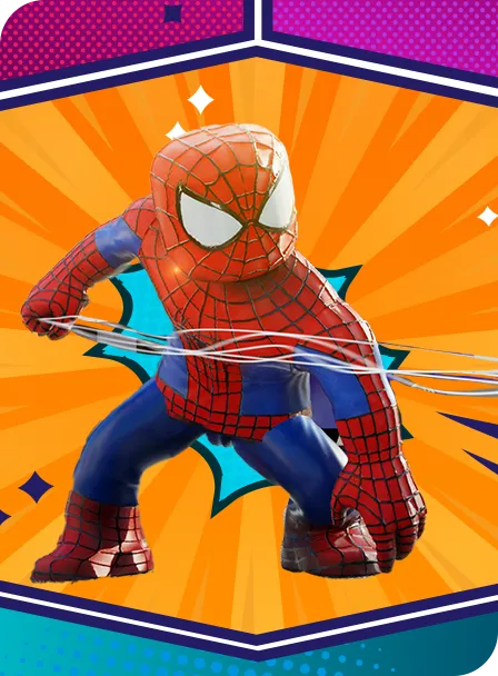 Spiderman crouching in front of bright orange blue pink purple background