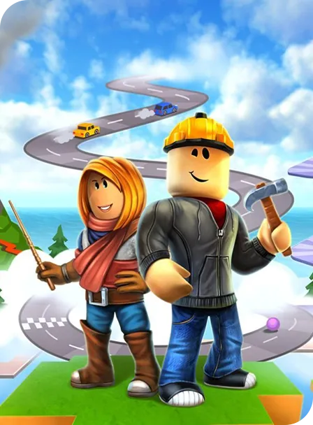2 roblox characters standing in front of a blue sky with clouds
