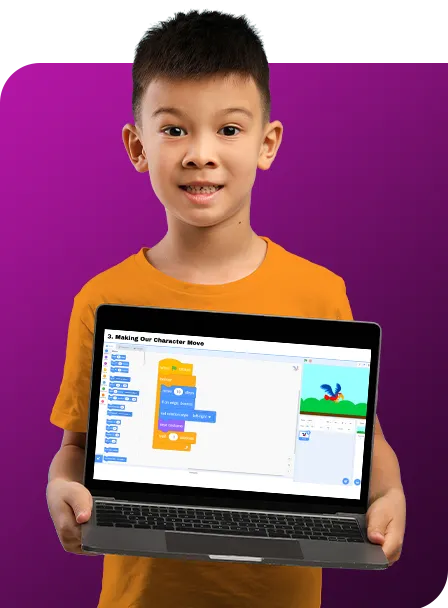 Scratch coding on a laptop screen. Boy standing in front of purple pink background