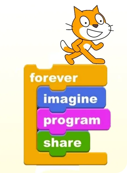 Scratch cat logo on top of drag and drop coding in scratch 