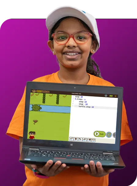girl wearing white hat and glasses holding laptop with CodeMonkey game on the screen. Overlayed on a pink purple background