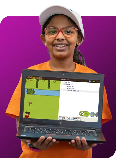 girl wearing white hat and glasses holding laptop with CodeMonkey game on the screen. Overlayed on a pink purple background 