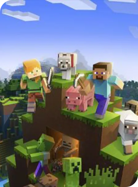 minecraft characters on a minecraft field in front of a blue sky