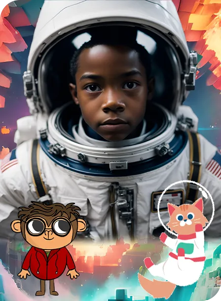 boy in space outfit, codemonkey monkey character, little flying cute kitty