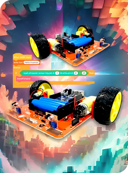 robots with wheels and drag and drop coding in front of a colourful orange and blue space themed background