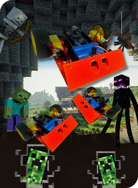 two robots with wheels in front of minecraft survival mode