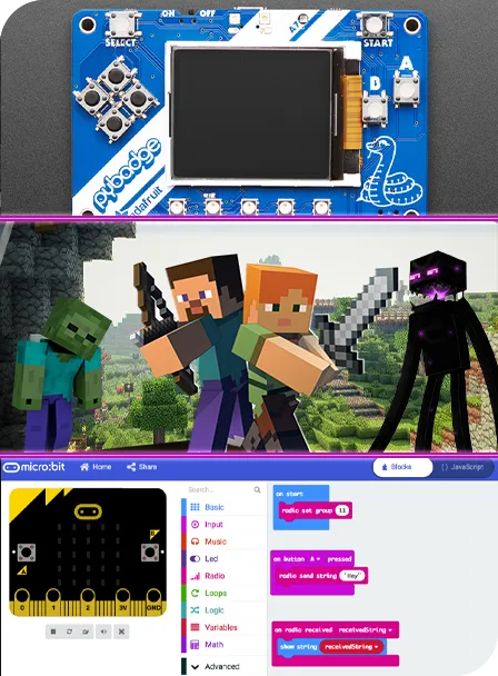 Minecraft characters fighting survival mode style, arcade game devices, coding