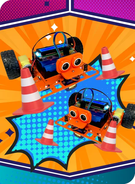 two robots with cones on a blue and orange background