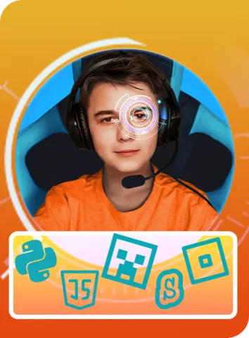 Young boy with coding language logos - Javascript, Scratch, Minecraft, Python and Roblox