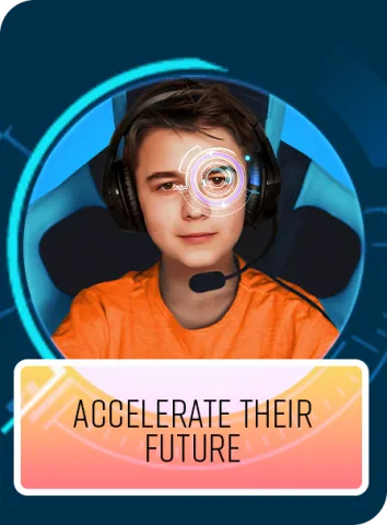 boy wearing headset in front of blue background wearing orange shirt