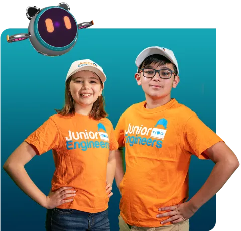Girl and boy wearing Junior Engineers shirts