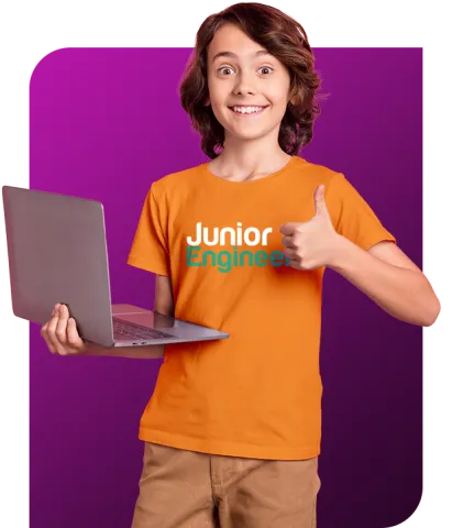 Young Junior Engineers boy holding laptop gives thumbs up
