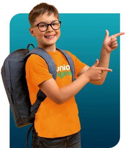 Young boy with backpack pointing