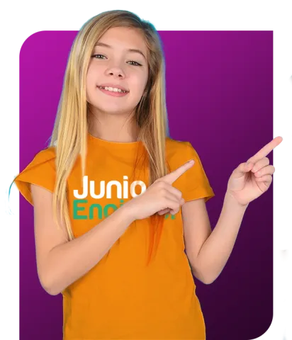 Girl in orange Junior Engineers shirt pointing