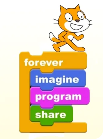 Scratch cat logo on top of drag and drop coding in scratch 