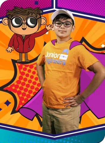 boy with hands on hips wearing orange t shirt next to ComdeMonkey monkey in front of orange purpe and blue background