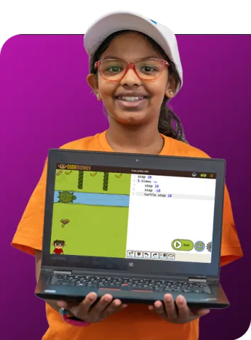 girl wearing white hat and glasses holding laptop with CodeMonkey game on the screen. Overlayed on a pink purple background