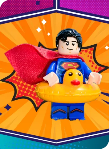 Stop motion lego character wearing rubber ducky on bright orange background with purple and blue border