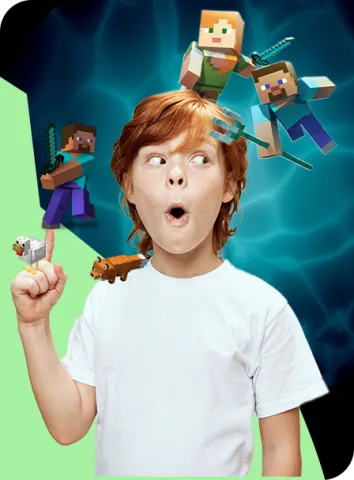 Young Boy surrounded by Minecraft characters