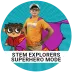 CodeMonkey monkey wearing glasses, boy with cape on wearing Junior Engineers shirt. On blue background in a circle. 